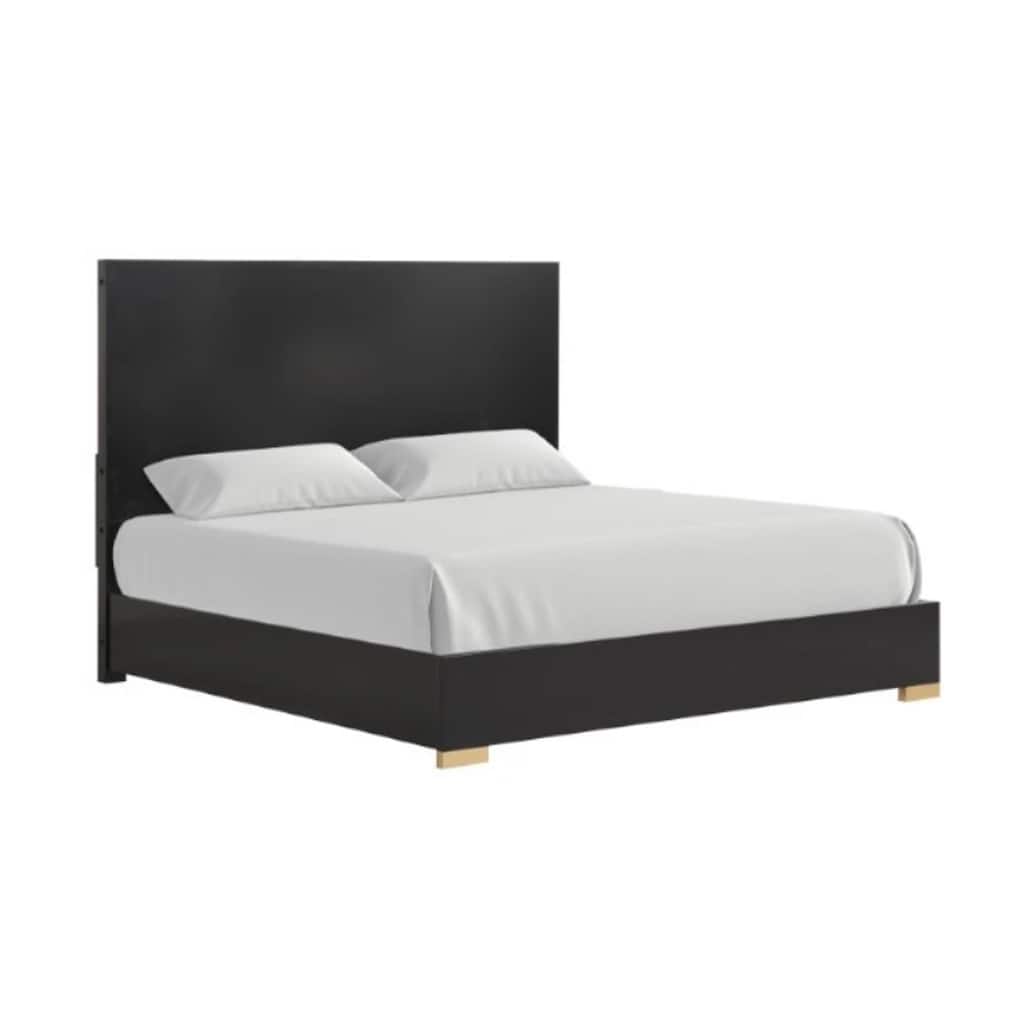 Goldie Queen Size Panel Bed, Black and Gold Pine Wood, Contemporary