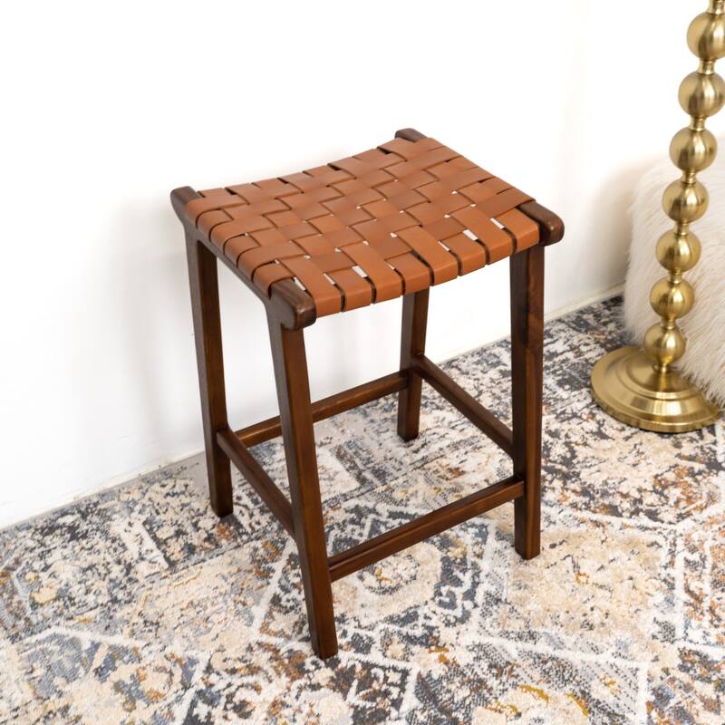 GDFStudio - James Mid-Century Modern 23.6"H Counter Stool with Solid Wood Frame & Genuine Leather Upholstery
