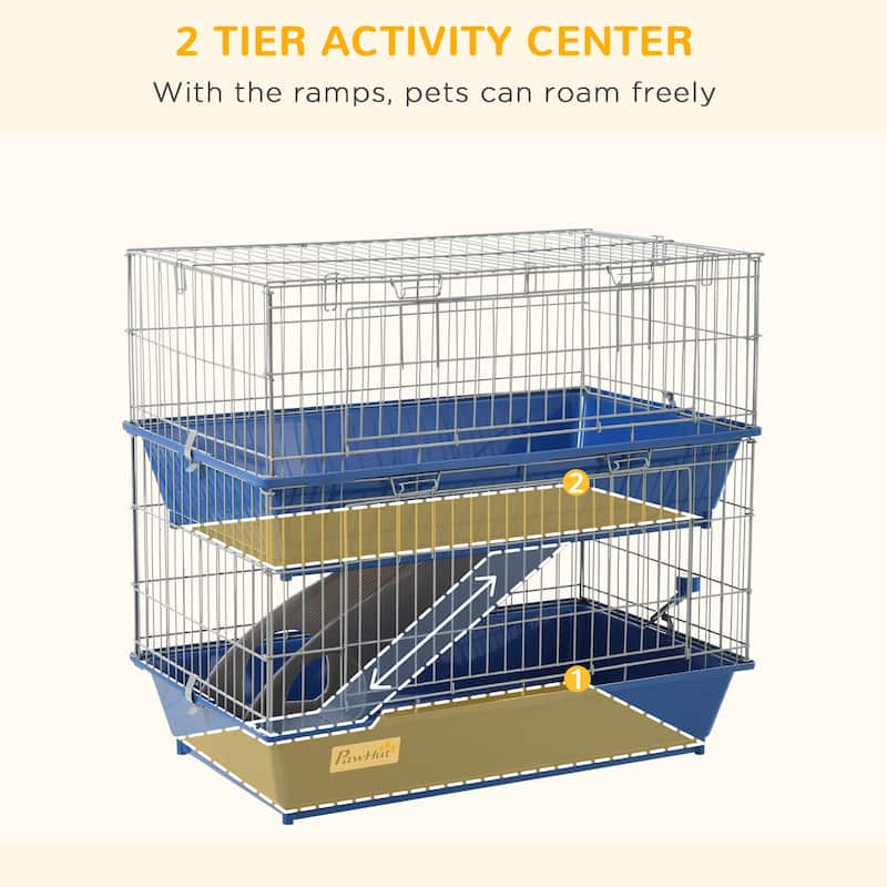 PawHut 2-Tier Guinea Pig Cage, Ferret Cage, Chinchilla Cage, Small Animal Cage Indoor with Dish and Bottle, 2 Doors