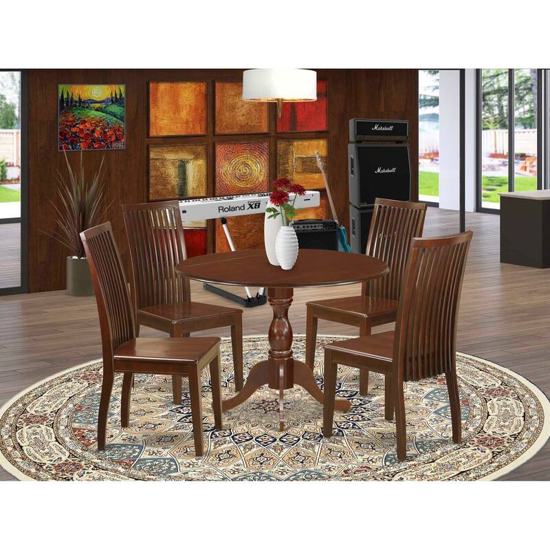 HomeStock 5-Piece Mahogany Finish Solid Wood Top Dining table with 4 Chairs with Drop Leaf Slat Back