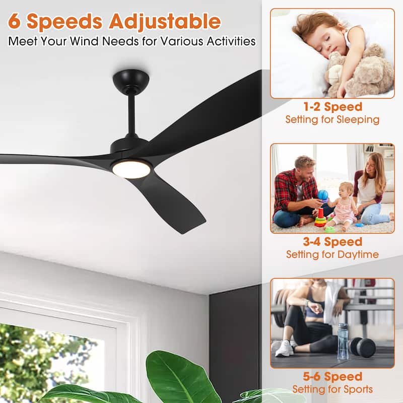 60" Modern Black ABS Propeller Indoor Ceiling Fan with Light and Remote