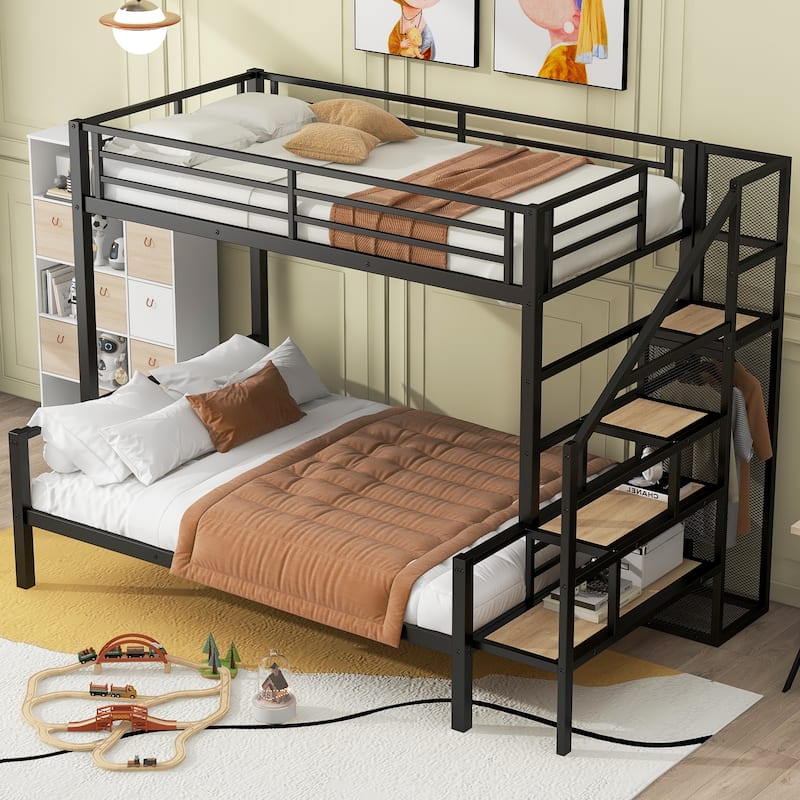 Twin over Full Metal Bunk Bed with Storage Stairs and Wardrobe, Black