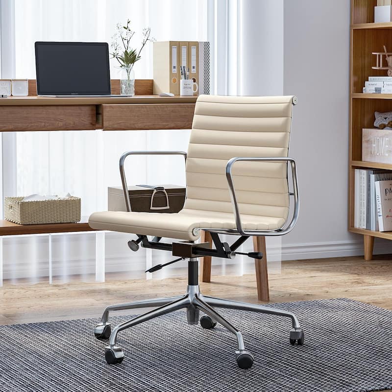 Low Back Genuine Leather Ergonomic Computer Ribbed Office Chair - N/A - White
