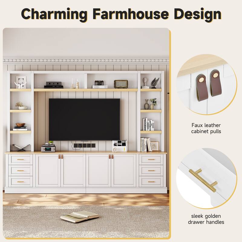 102.3" Farmhouse TV Stand with 6 Drawers & Adjustable Shelves - Entertainment Center for 75" TVs with Bookshelves