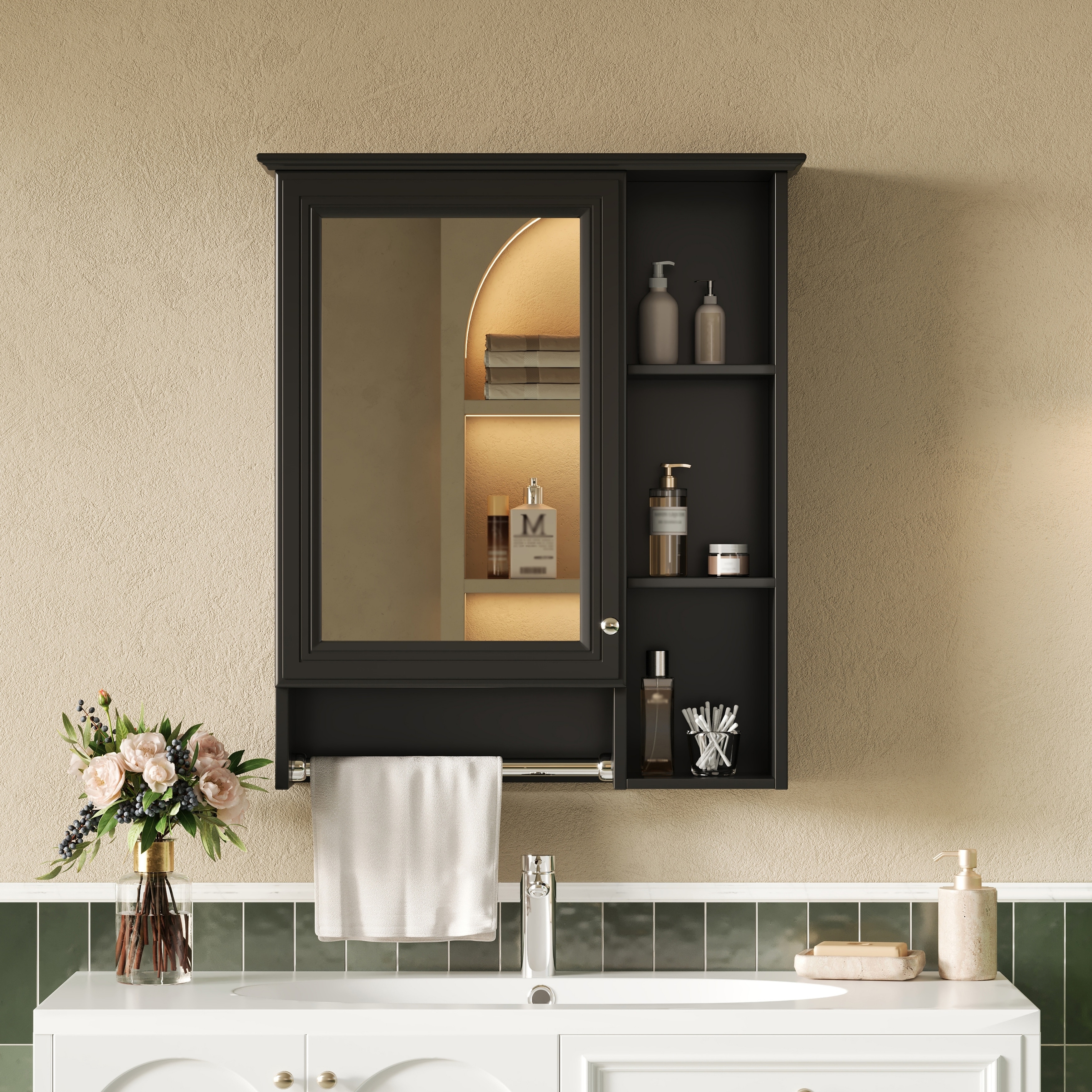 24-inch 3-in-1 Bathroom Mirror Cabinet - Wall Mounted Medicine Cabinet with Adjustable Shelf & Tower Bar, High-Define Mirror
