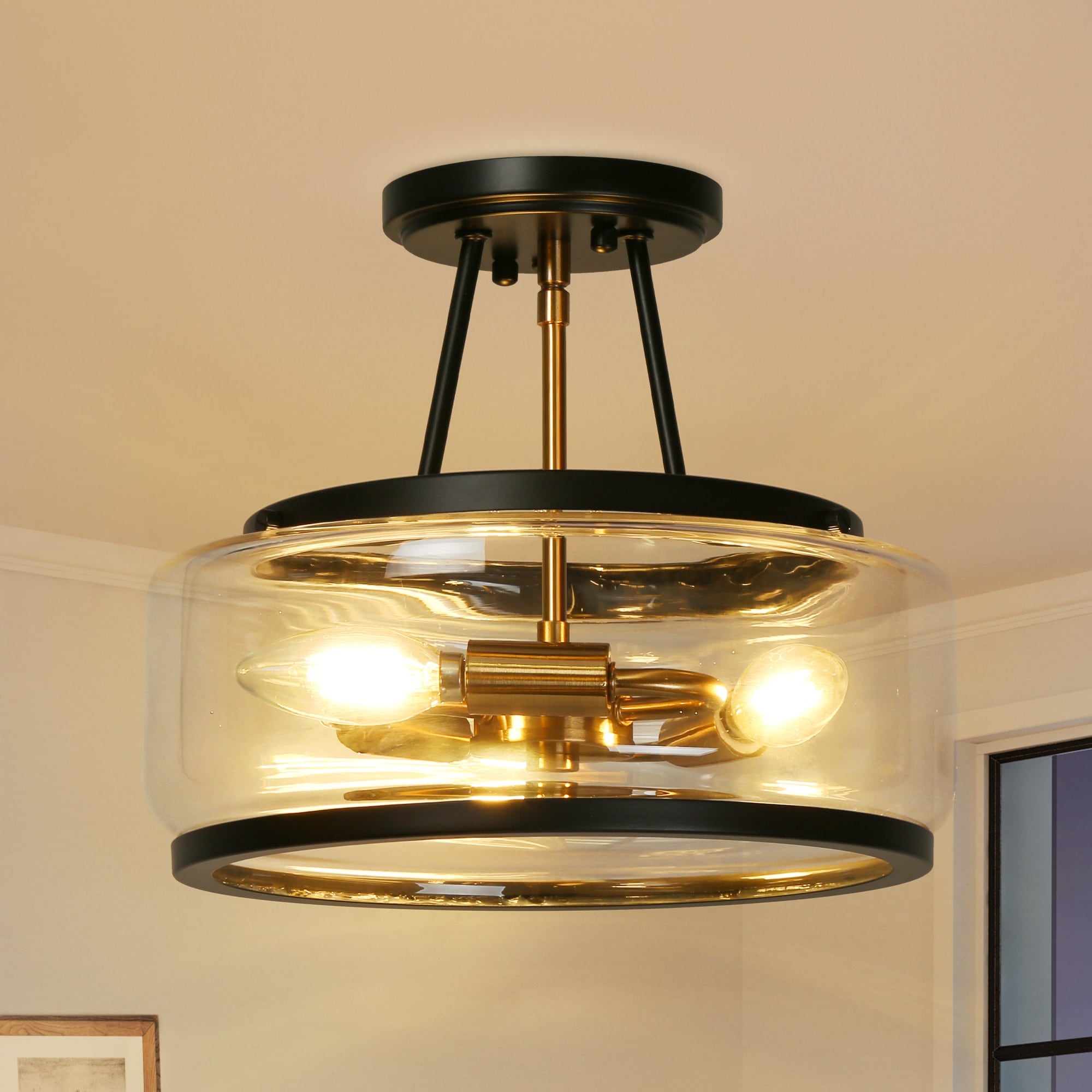 Cozia Farmhouse Black 4 light Drum Semi flush Mount ceiling Lights Modern Gold Hallway Entryway Foyer Lighting D12 H10 On Sale Bed Bath Beyond 36087505