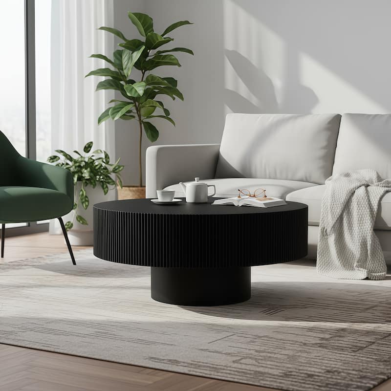 Round Fluted Coffee Table with Sturdy Pedestal, Mid-Century Modern Accent Table for Living Room & Small Spaces - Black