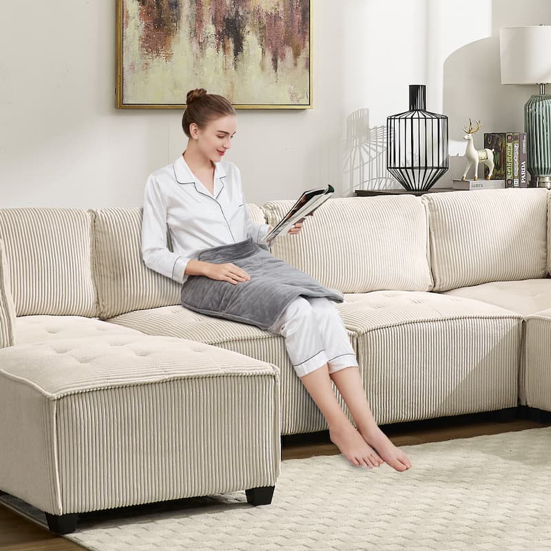 U-Shaped Modular Sectional Sofa, Oversized Corduroy Cloud Couch with Reversible Chaise, Comfy Convertible 6-Seat Corner Couch