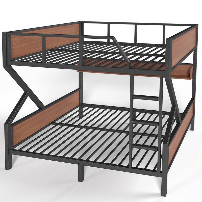 Full over Full Bunk Bed, Metal Bunk Bed with Storage Shelves and Lights, Space-saving & Noise-free Design, Black