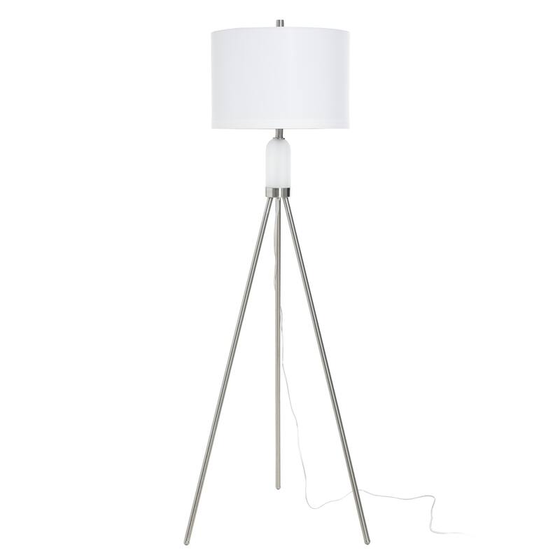 StyleCraft Orion Tripod Floor Lamp with LED Night Light - Brushed Nickel - White Shade - Brushed Nickel, White