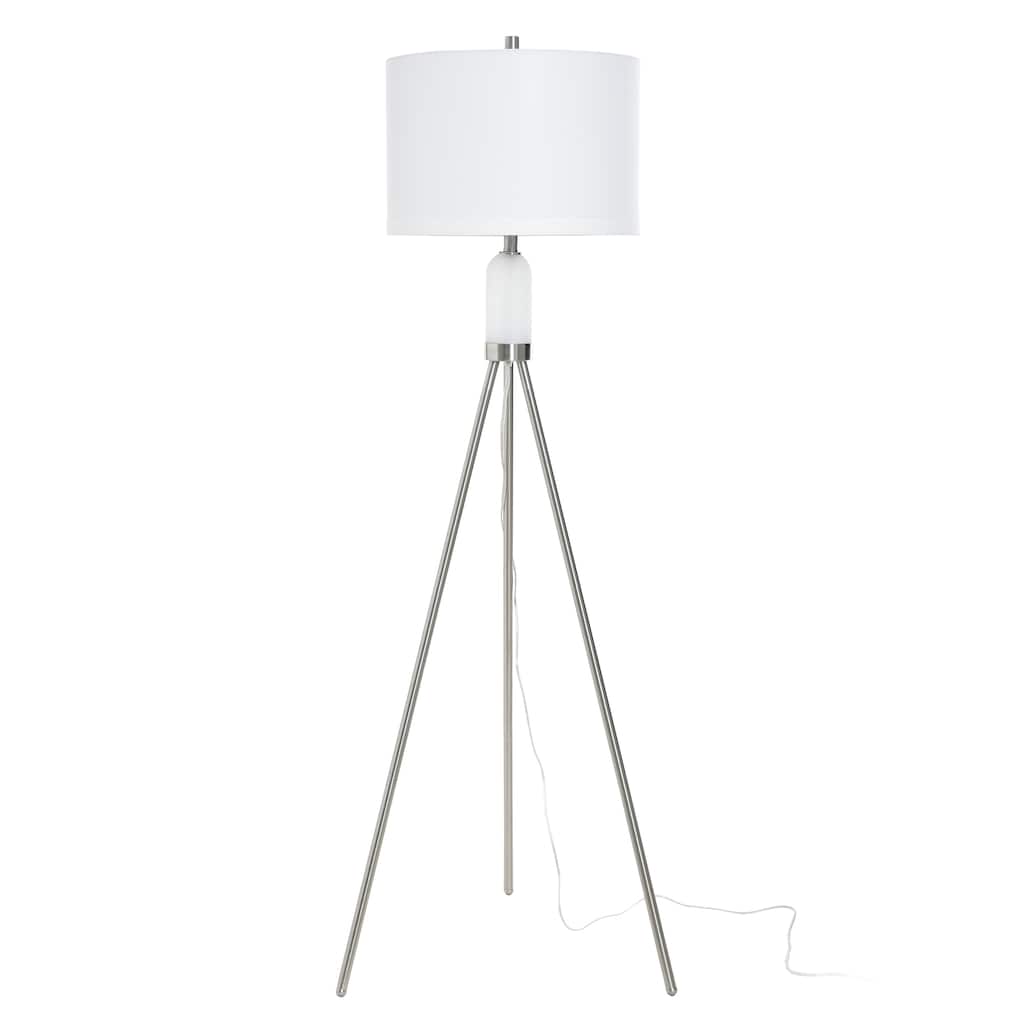 StyleCraft Orion Tripod Floor Lamp with LED Night Light - Brushed Nickel - White Shade