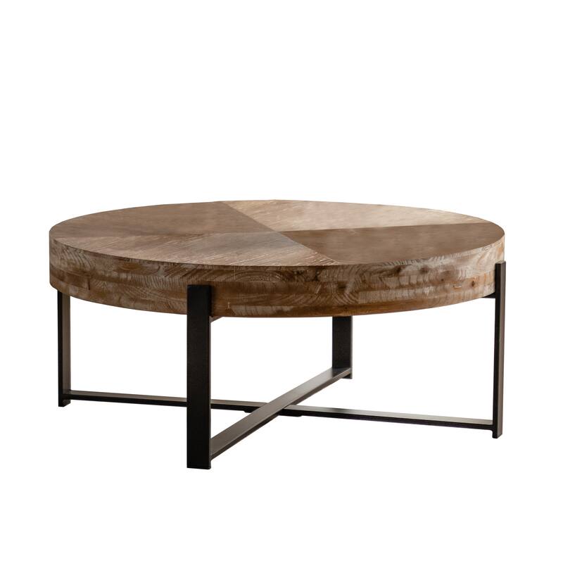 Round Coffee Table, 31 Inch Rustic Wood Table Top Cross Metal Legs Circle Coffee Table for Living Room