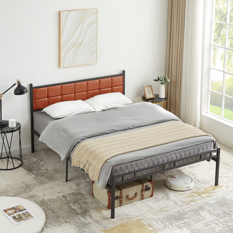 VECELO Faux Leather Tufted Bed, Metal Frame Bed Frame