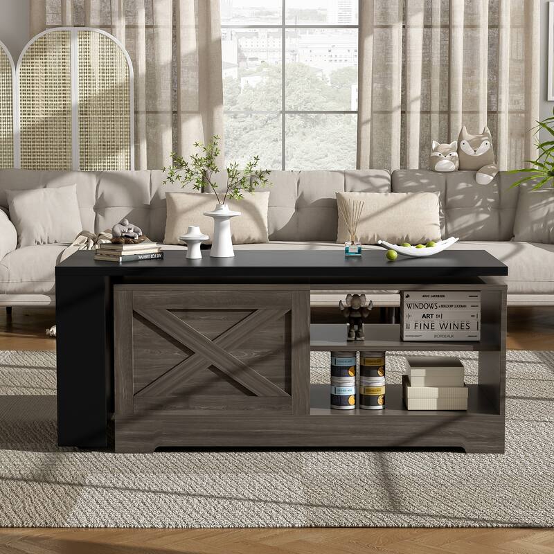 Farmhouse Lift Top Coffee Table, Wood Rectangular Center Table with Hidden Storage, Barn Doors, Open Cabinet