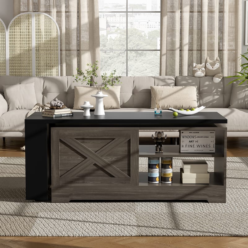 Farmhouse Lift Top Coffee Table with Barn Doors & Hidden Storage - Brown+Black