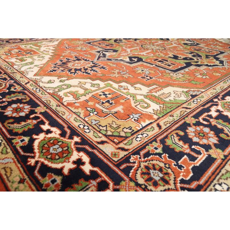 Medallion Heriz Serapi Indian Rug Hand-Knotted Orange Wool Carpet - 8'10"x 11'11"