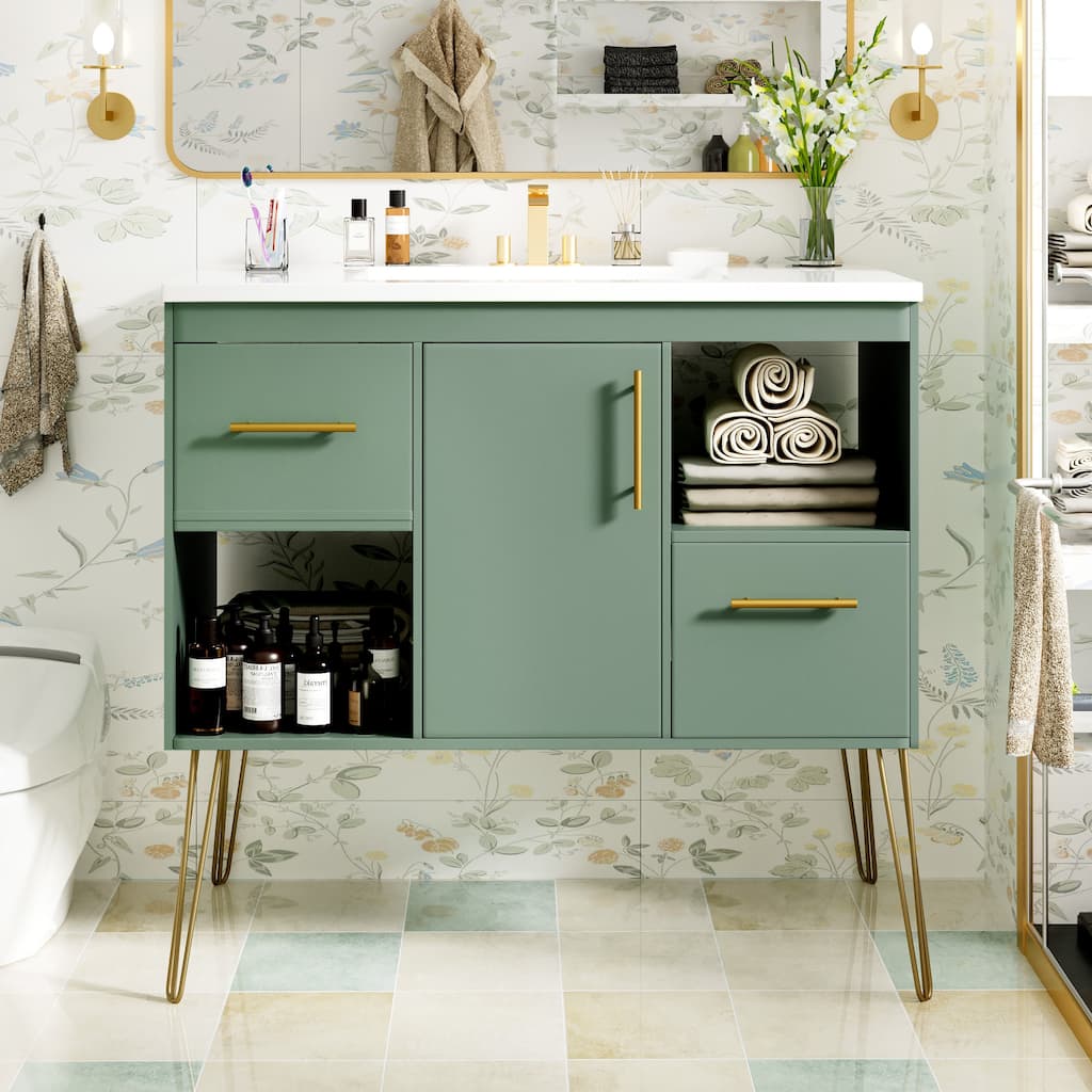 36" Green Bathroom Vanity with Gold Metal Legs, Resin Sink, 2 Drawers & Open Storage Compartments