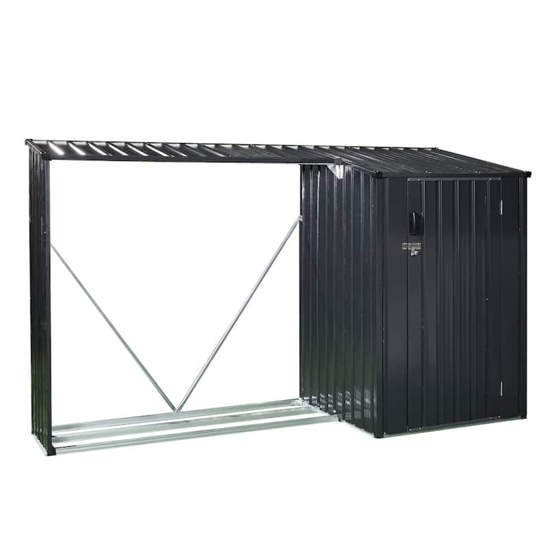 Outdoor Steel Firewood Rack and Metal Storage Shed,Two-In-One,Black - Black