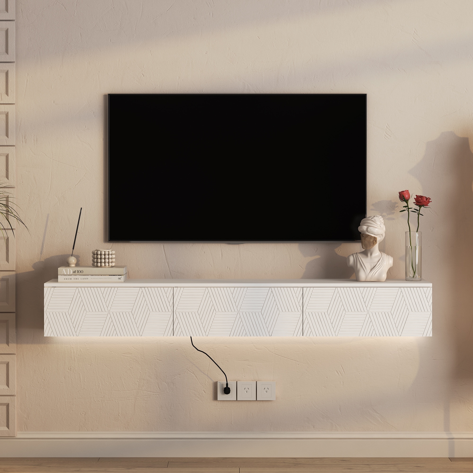 Modern Floating Wall-Mounted TV Cabinet, for 55, 60, and 65 Inch TVs, with 16-Color LED Lighting, for Living Rooms, White