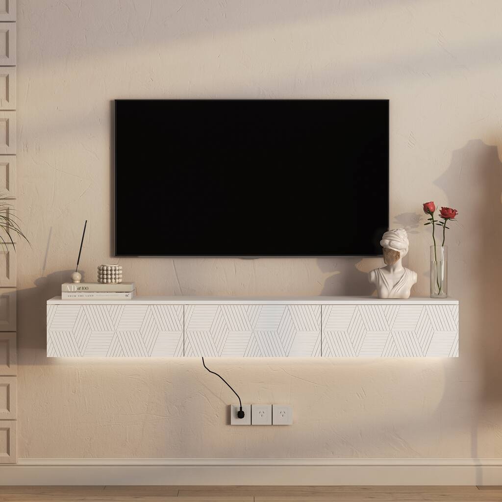 Modern Floating Wall-Mounted TV Cabinet, for 55, 60, and 65 Inch TVs, with 16-Color LED Lighting, for Living Rooms, White