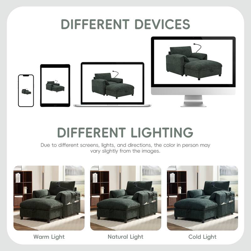 Single Sofa Chair and Storage Ottoman Sets, Chenille Accent Chair Wide Seat Chaise Lounge Couch with Phone Holder & USB Chargers