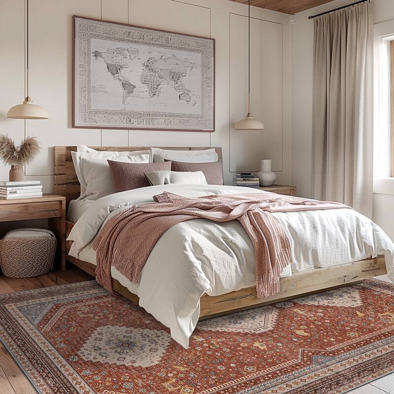 Mcow Faded Floral Vintage Low-Pile Machine Washable Non-Slip Area Rug