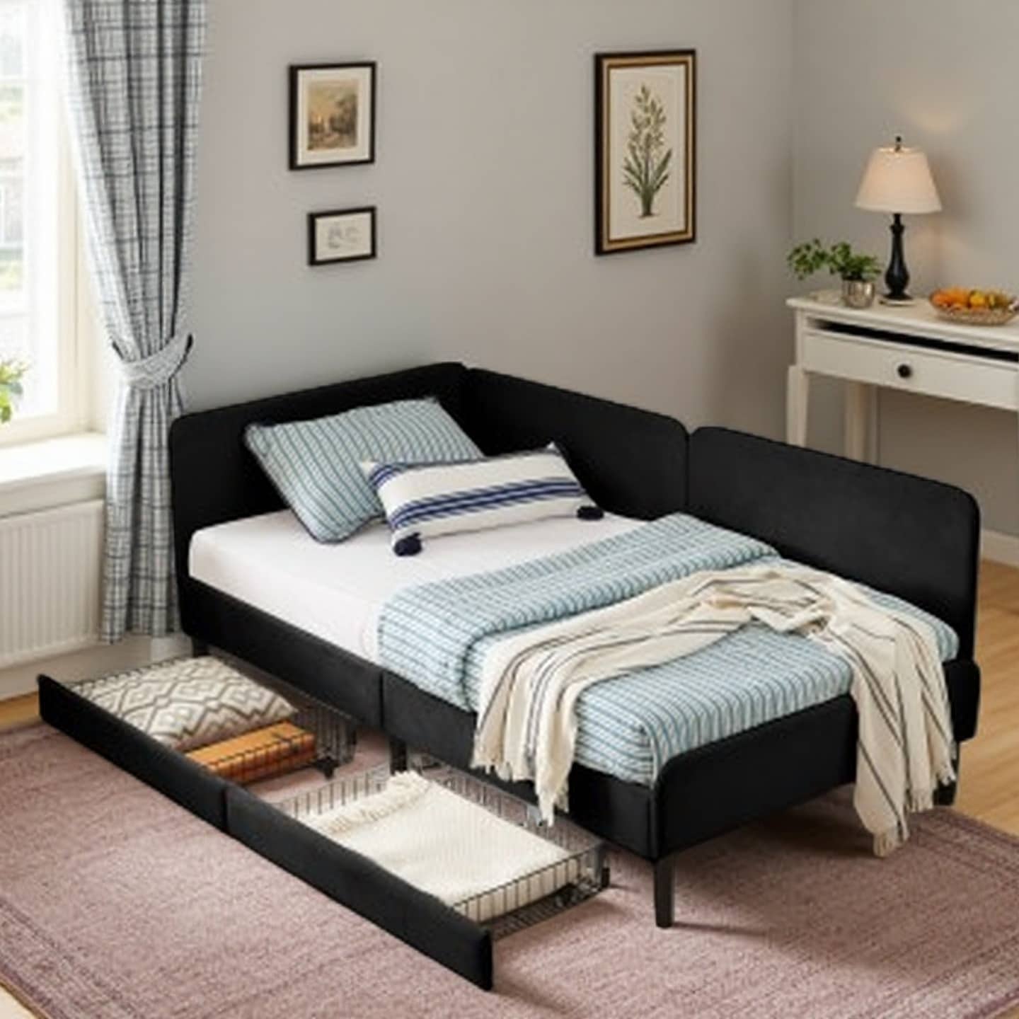 Velvet Upholstered Platform Bed with Pull-Out Storage Drawers, Convertible Sofa Bed for Living Room or Bedroom
