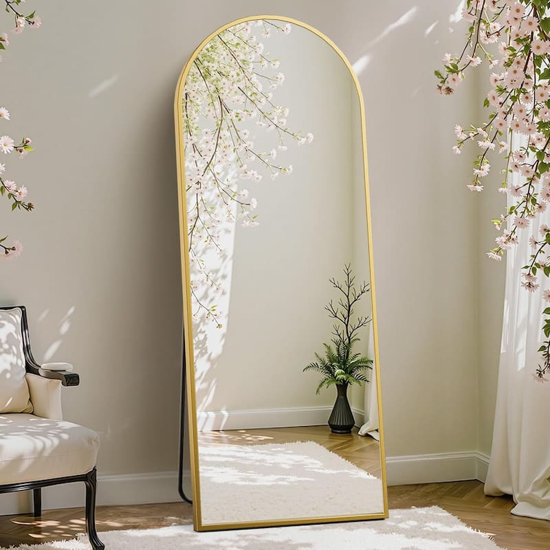 Modern Arched Aluminum Frame Full Length Mirror with Stand for Bedroom, Cloakroom 21" x 64" - 21*64 - Glossy Gold