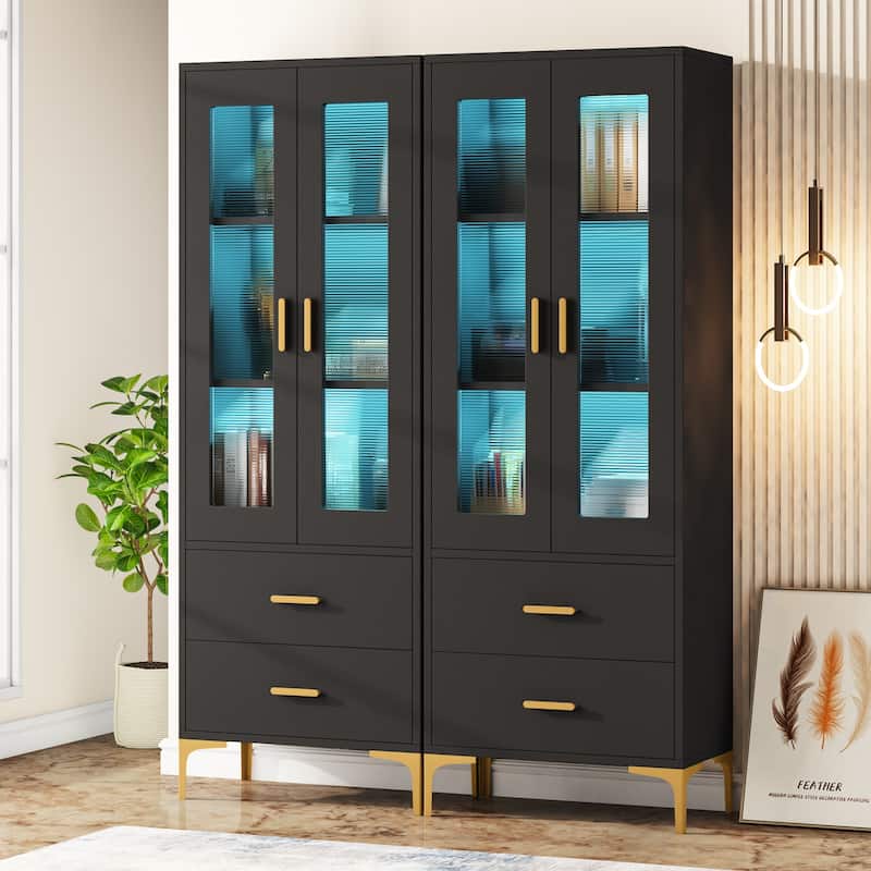 Tall Bookcase Bookshelf with Doors and LED Light