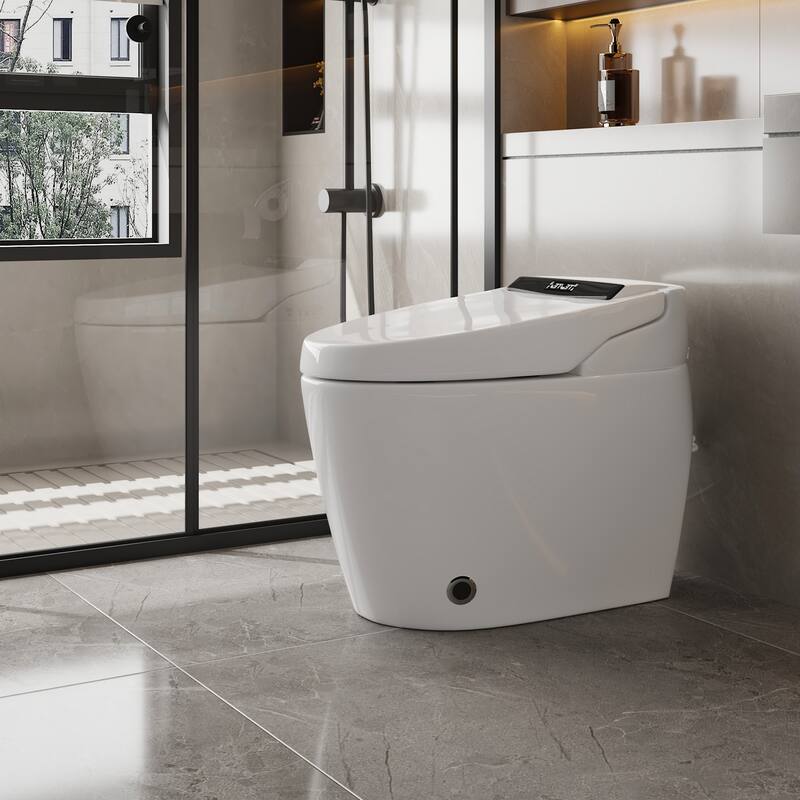 Smart Toilet with Automatic Lid, Heated Seat, Foot Sensing Flush, Warm Air Dryer & Self-Cleaning Nozzle with Built-in Tank
