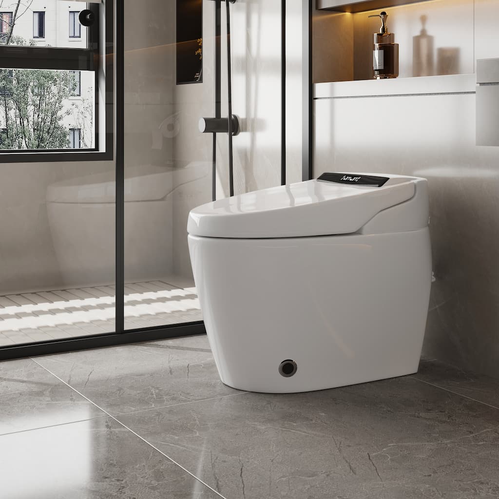 Smart Toilet with Automatic Lid, Heated Seat, Foot Sensing Flush, Warm Air Dryer & Self-Cleaning Nozzle with Built-in Tank