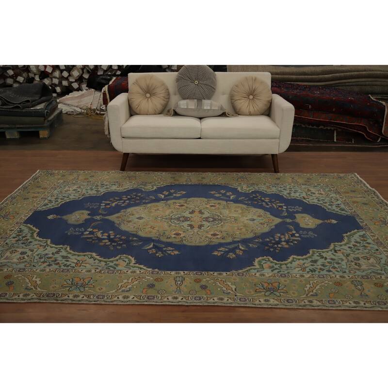 Hand Knotted Oriental 100% Wool Carpet Traditional Medallion Navy Blue & Blues Tabriz Area Rug - 9' 7'' X 6' 6''