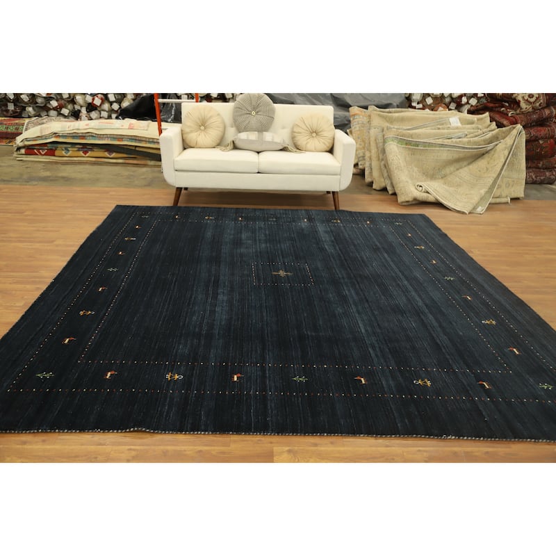 Hand Knotted Oriental 100% Wool Carpet Tribal Animal Pictorial Navy Blue & Blues Gabbeh Area Rug - 8' 11'' X 9' 3''