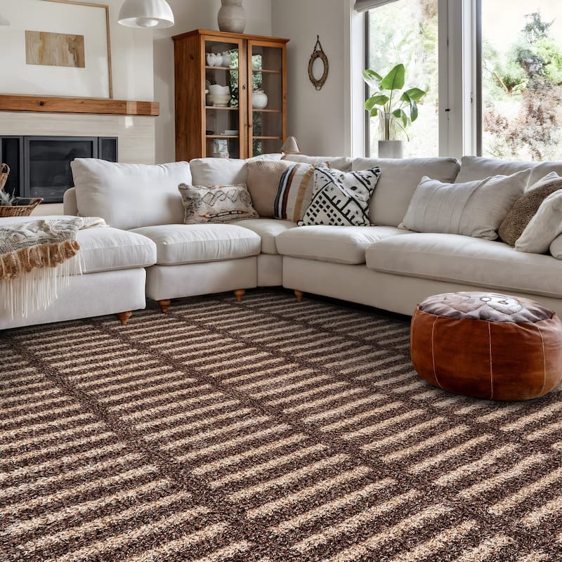 Bohemian Stripe Lines Shag Rug - Textured Surface - Anthracite Dark Gray - Easy to Clean