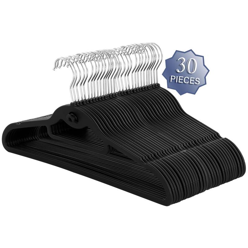 30-Pack Black Plastic Hangers with Swivel Hook and Notched Shoulders Non-Slip Textured Bars