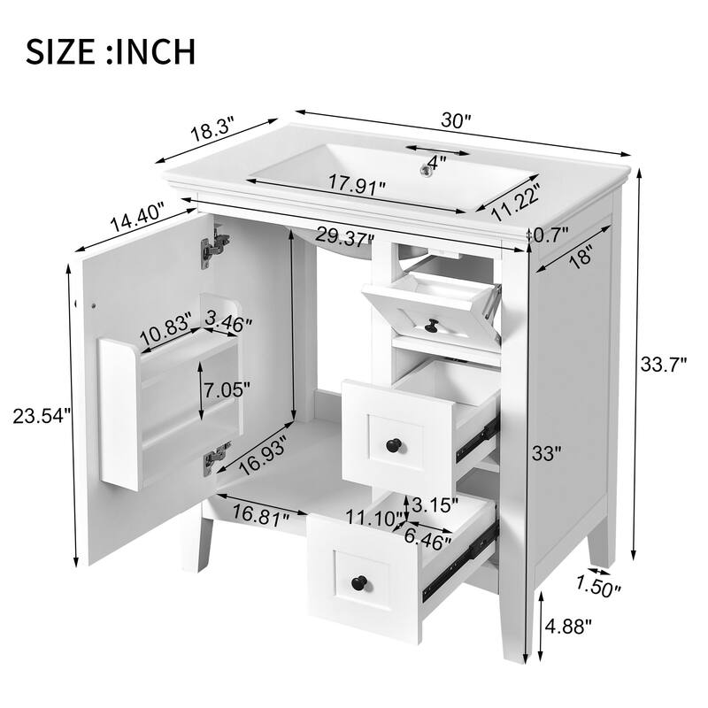 Modern 30 Inch Bathroom Vanity with Porcelain Countertop, 3 Drawers, Solid Wood and MDF Storage Cabinet