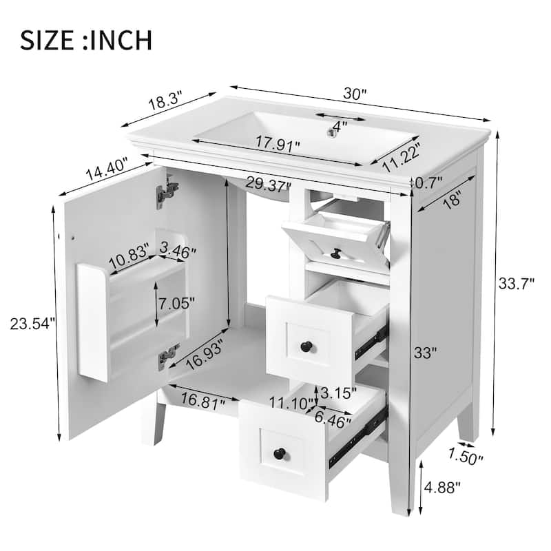 Modern Simple Bathroom Cabinet Freestanding Bathroom Vanity with Ceramic Sink, Tip-out Drawer, 2 Drawers and Side Door Organizer