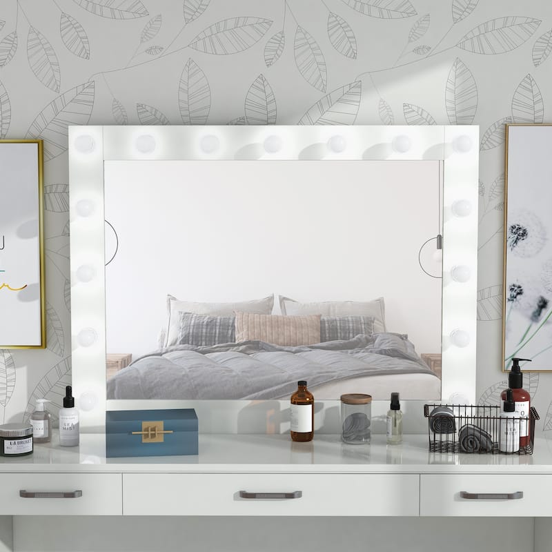 Roseanne Luminous Glam White Bulbed Mirror with USBs by Furniture of America