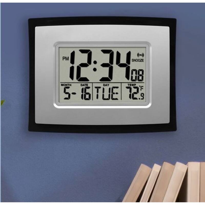 8.5" Black and Gray Digital Wall Clock with Temperature and Calendar