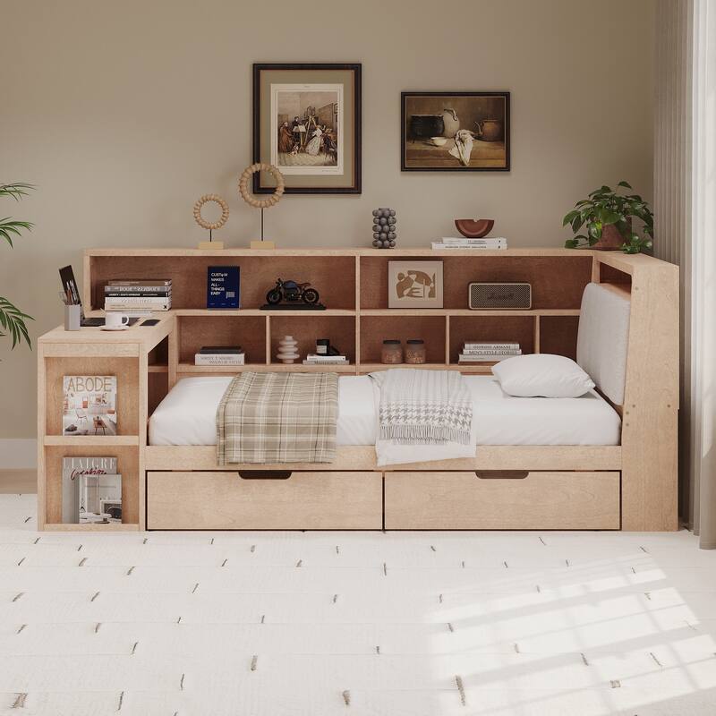 L-shaped Bookcase Daybed Wooden Corner Bed Twin Size Bed Built-in Work Desk, Hidden Headboard Storage, Under-bed Drawers, LED