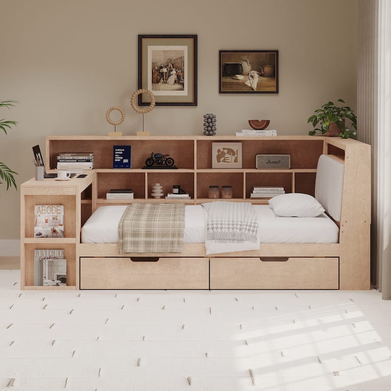 Wood Daybed L-shaped Bookcase Bed with Under-Bed Drawers and Side Bookshelf, Platform Daybed with Desk and Padded Headboard