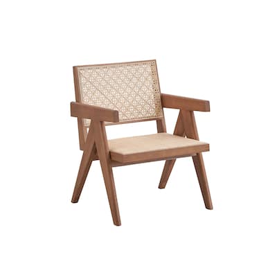 Modern 24" Wood Arm Chair with Wood Frame and Rattan Backrest for Living Room