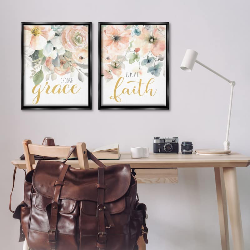 Stupell Spiritual Phrases on Florals Framed Floater Canvas Wall Art Design By Carol Robinson (Set of 2)