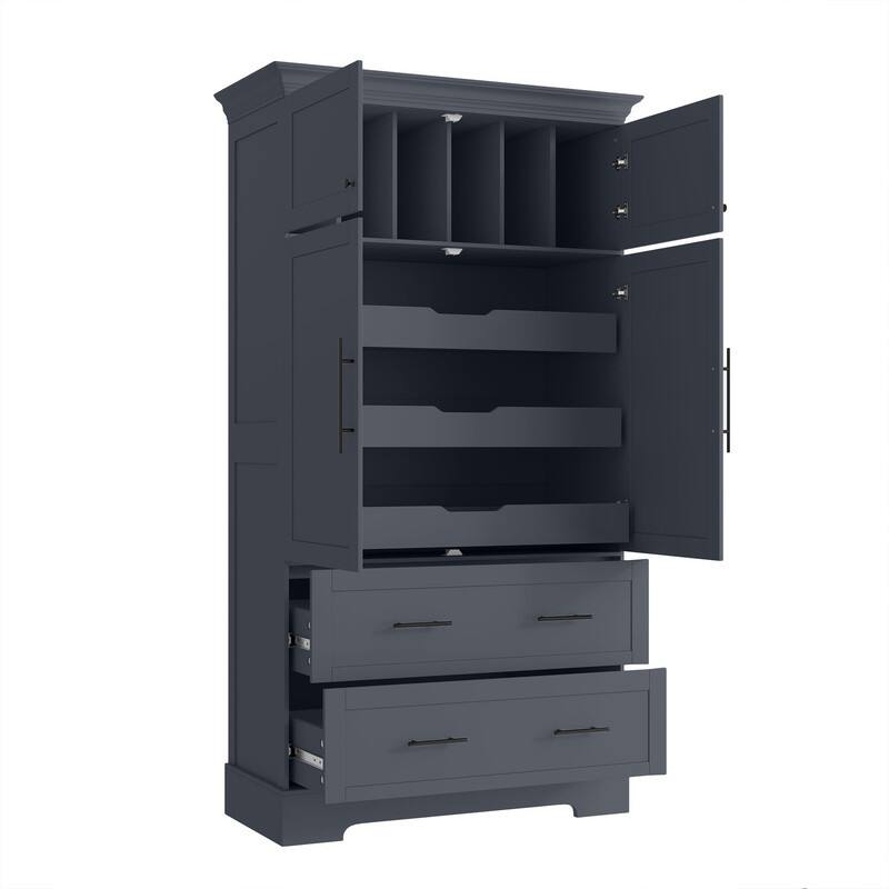 Farmhouse 72.6" Tall Kitchen Pantry with 4 Doors Storage Cabinet , 2 Drawers and Pull-out Trays for Cake Pan Storage Organizer