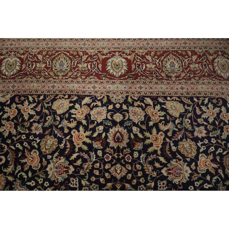 Hand Knotted Oriental 100% Wool Carpet Traditional All-Over Navy Blue & Blues Tabriz Area Rug - 14' 1'' X 9' 9''