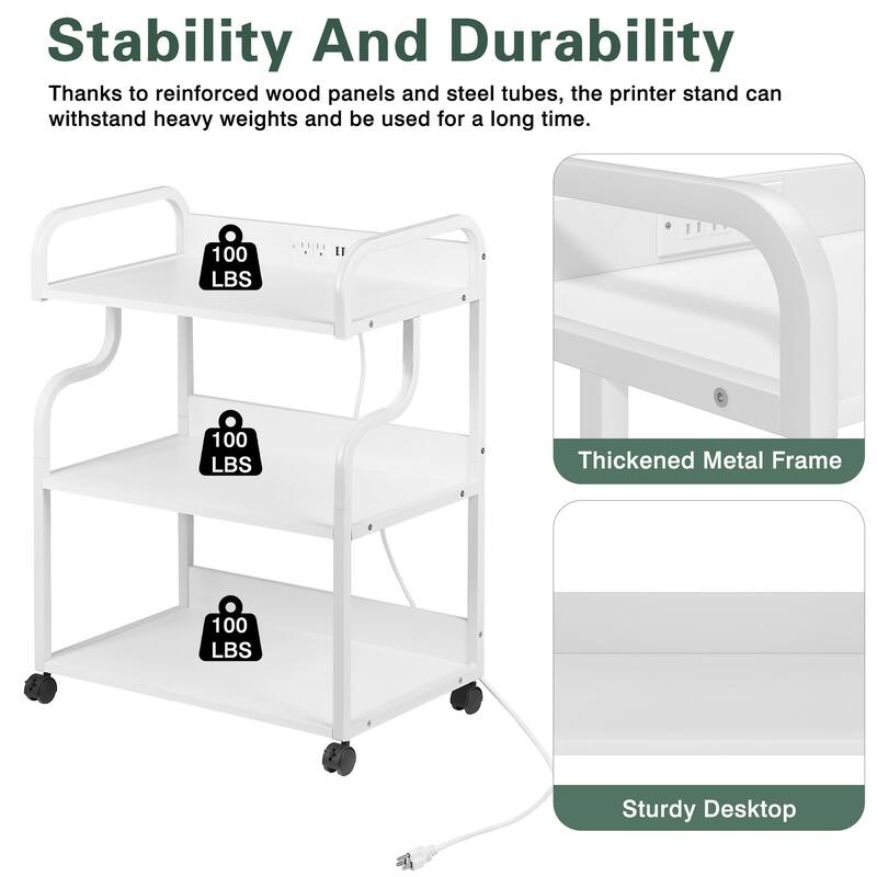 VECELO Mobile Printer Stand with Outlets & Locking Wheels White Rolling Cart Home Office Cart with USB Charging Station