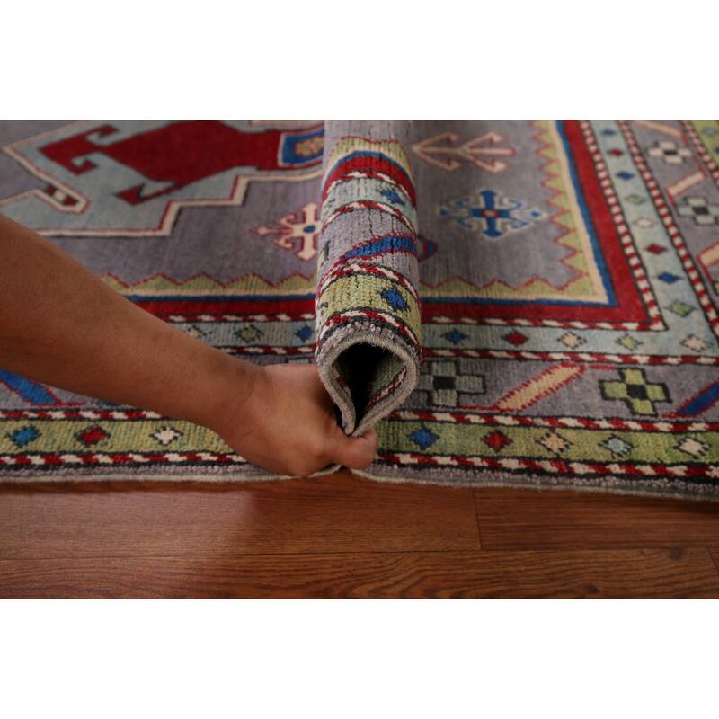 Gray Geometric Kazak Foyer Rug Handmade Oriental Wool Carpet - 3'4" x 5'5"