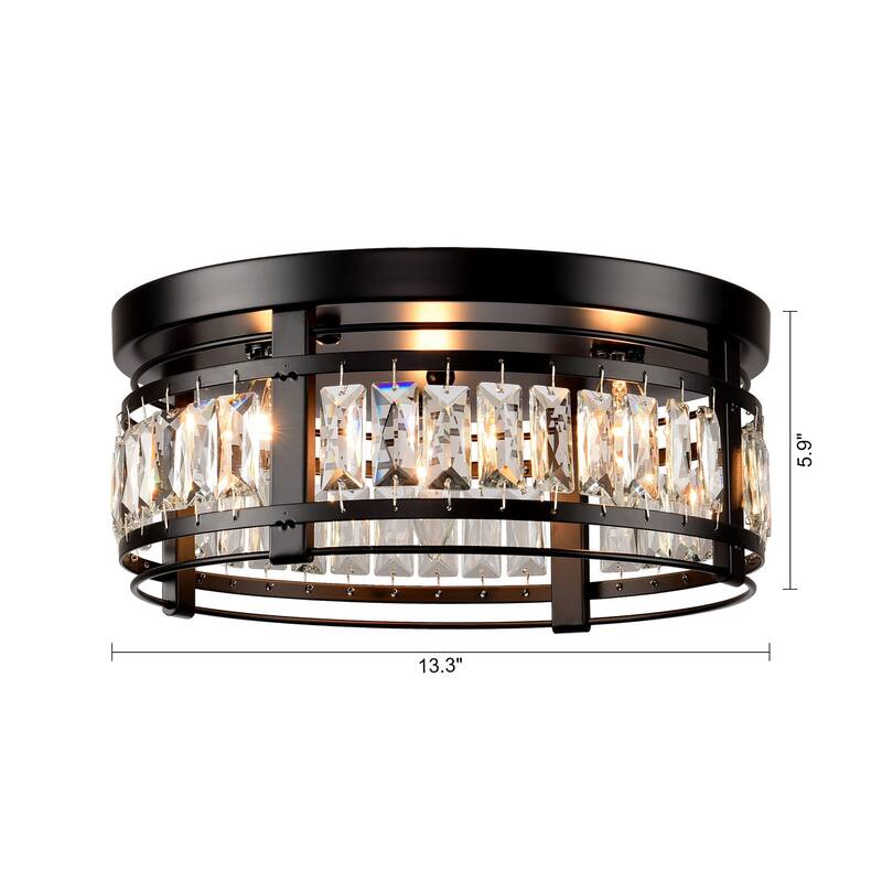 13.3" Modern Black 3-Light Crystal Hallway Flush Mount Chandelier