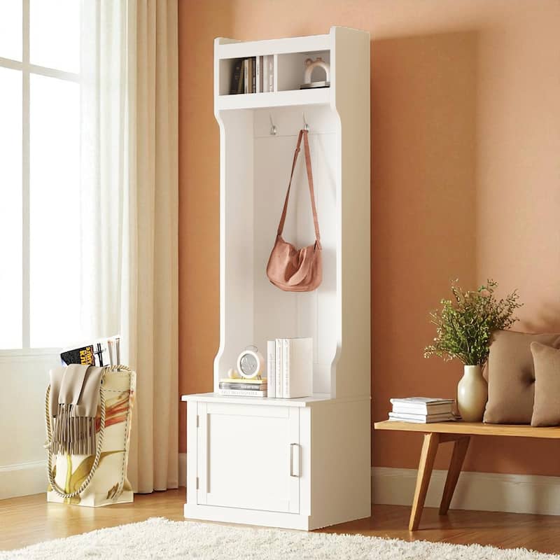 Slim Hall Tree with Cabinet & 6 Hooks, 23.6 W x 15.7 D x 78.7 H Entryway Bench, Narrow Coat Rack Organizer - White