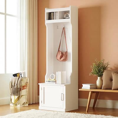 Slim Hall Tree with Cabinet & 6 Hooks, 23.6 W x 15.7 D x 78.7 H Entryway Bench, Narrow Coat Rack Organizer